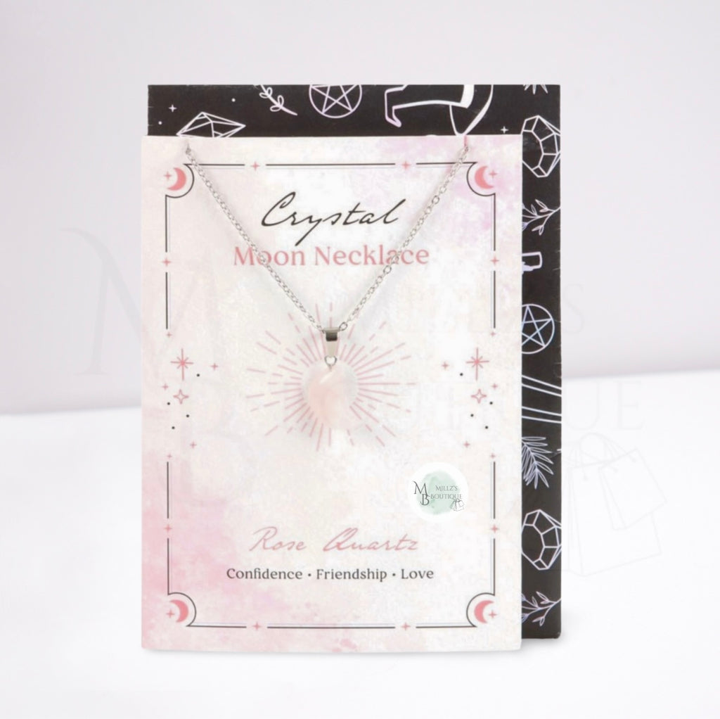 Rose Quartz Crystal Moon Necklace On Greeting Card