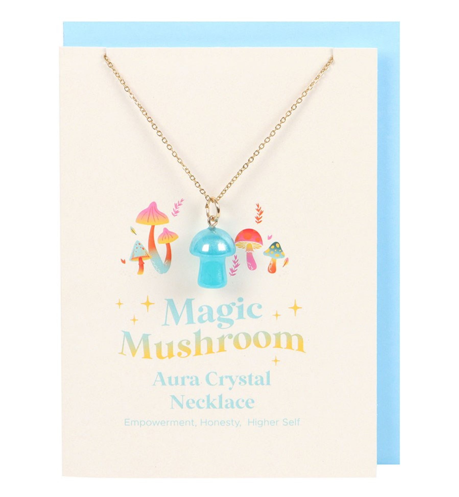 Blue Aura Crystal Mushroom Necklace Greeting Card