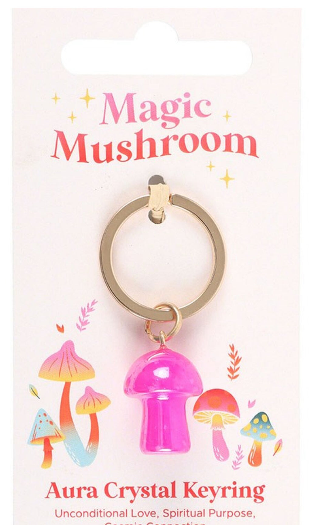 Pink Aura Crystal Mushroom Keyring