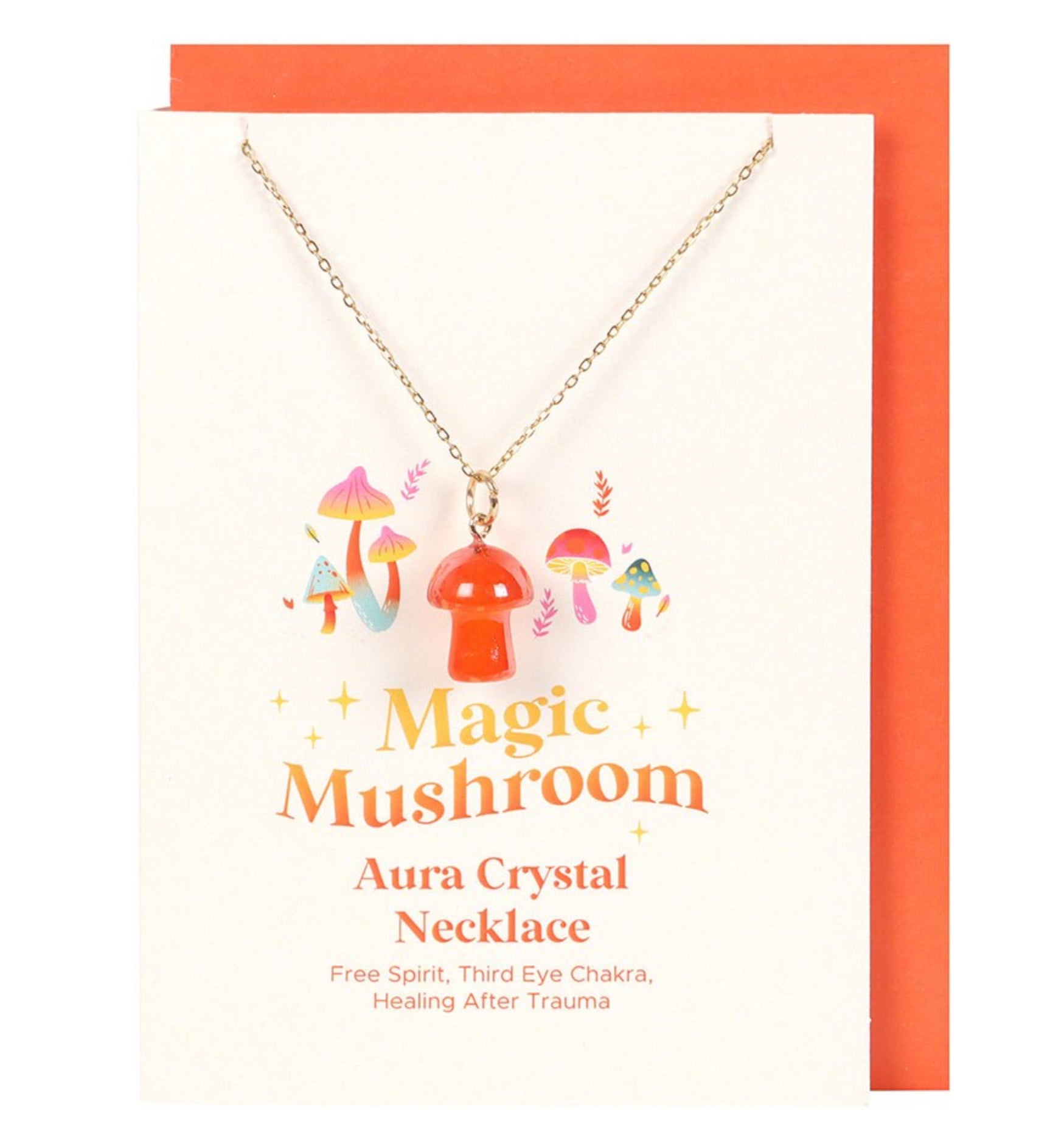 Orange Aura Crystal Mushroom Necklace Greeting Card